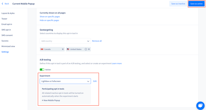 AB testing - current with test active