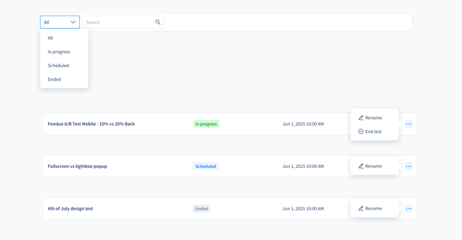 Popup AB tests list filter-