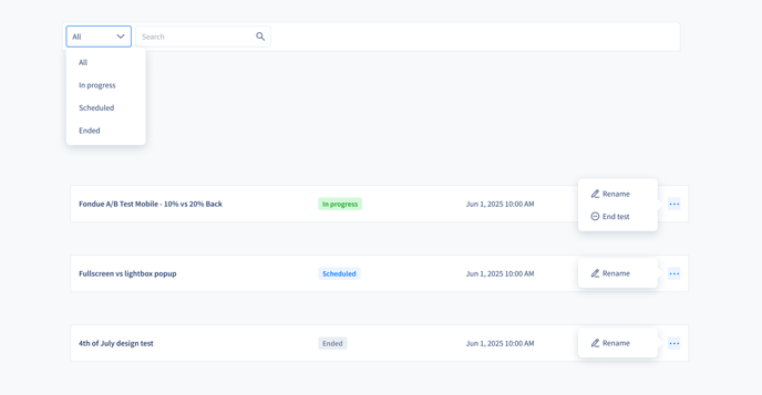 Popup AB tests list filter-