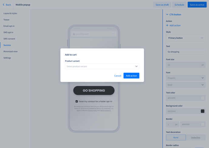 CTA_CART_Opt-in tool editor - Success CTA