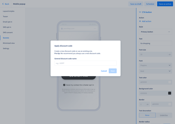 CTA_Discount. Opt-in tool editor - Success CTA