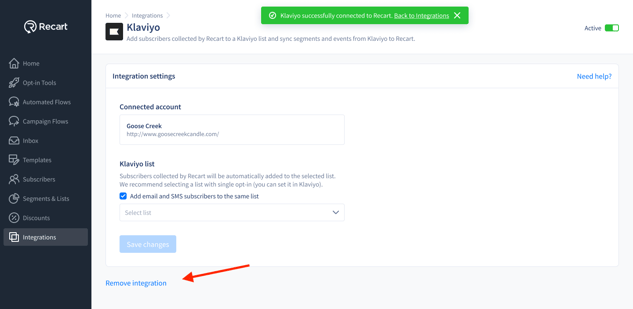 Integrations - Klaviyo - OAuth connection remove