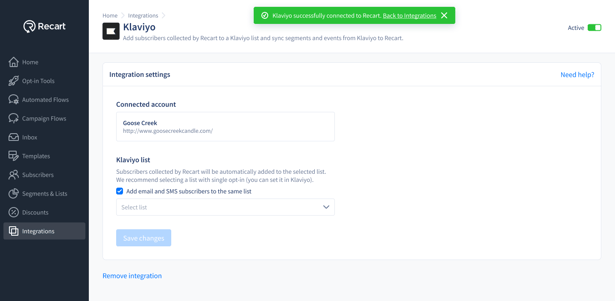 Integrations - Klaviyo - OAuth connection successful