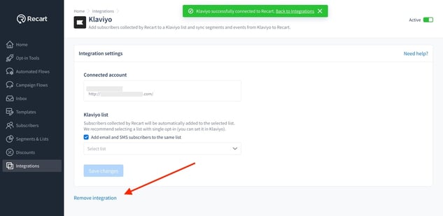 Integrations - Klaviyo - Remove Integration