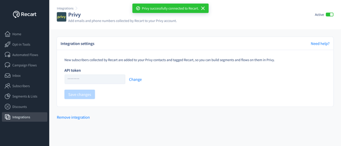 Integrations - Privy - Settings - Active