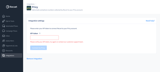 Integrations - Privy - Settings - Error