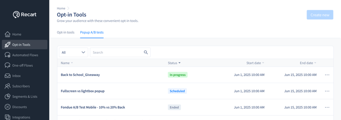 Popup AB tests list-